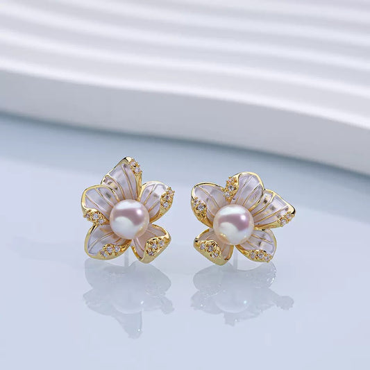 Pearl Bloom Enamel Flower Stud Earrings