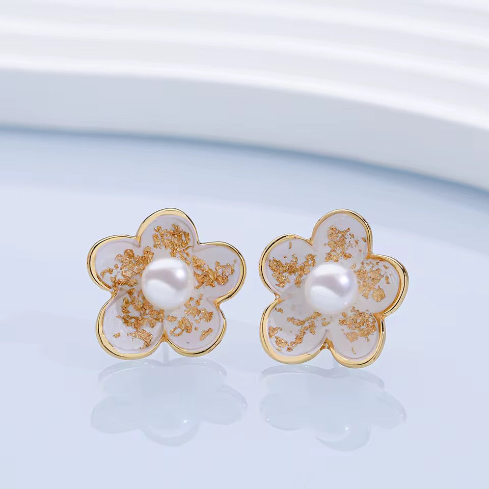 Pearl Bloom Enamel Flower Stud Earrings