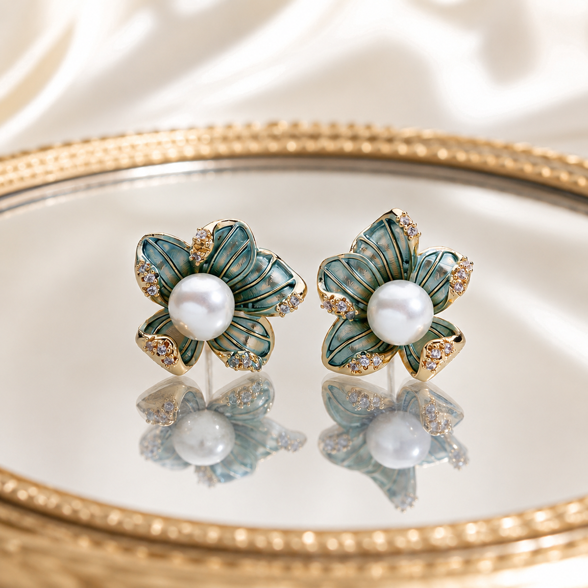 Pearl Bloom Enamel Flower Stud Earrings
