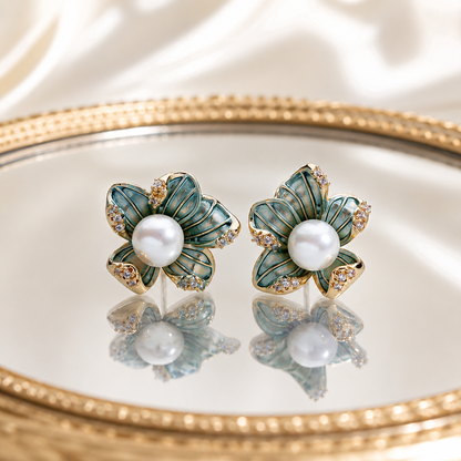 Pearl Bloom Enamel Flower Stud Earrings