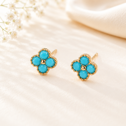 Golden Bloom Four-Petal Stud Earrings – Turquoise or Crystal