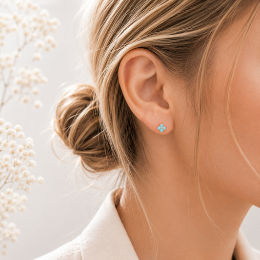 Golden Bloom Four-Petal Stud Earrings – Turquoise or Crystal