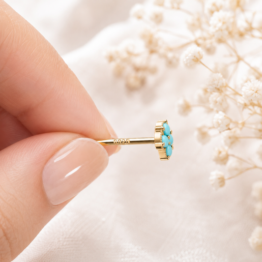 Golden Bloom Four-Petal Stud Earrings – Turquoise or Crystal