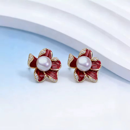 Pearl Bloom Enamel Flower Stud Earrings