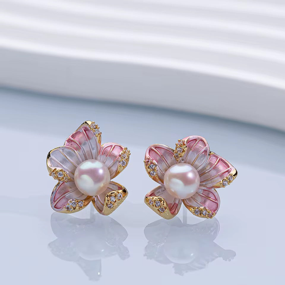 Pearl Bloom Enamel Flower Stud Earrings