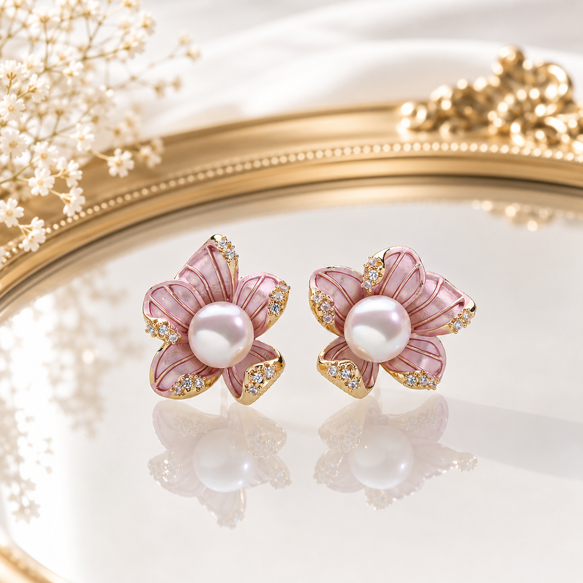 Pearl Bloom Enamel Flower Stud Earrings