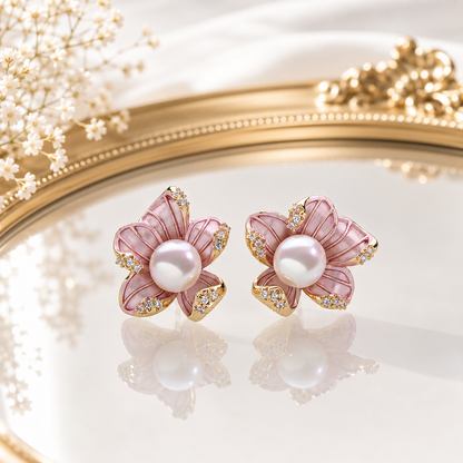 Pearl Bloom Enamel Flower Stud Earrings