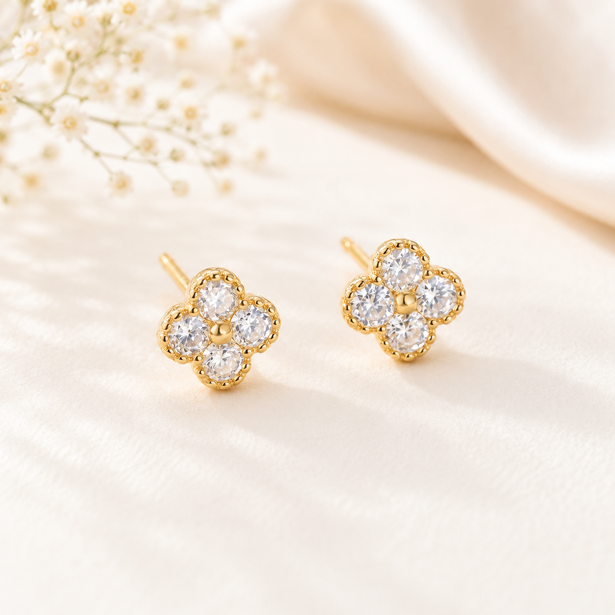 Golden Bloom Four-Petal Stud Earrings – Turquoise or Crystal