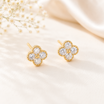 Golden Bloom Four-Petal Stud Earrings – Turquoise or Crystal