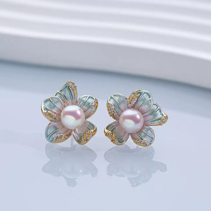 Pearl Bloom Enamel Flower Stud Earrings