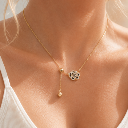 Black Rose Enamel Lariat Necklace
